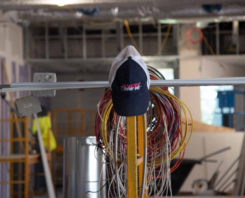 a hat with brint logo on it at a contruction site