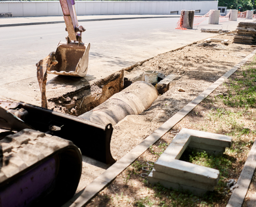 heavy machinery crushing asphalt for stormwater drain repair